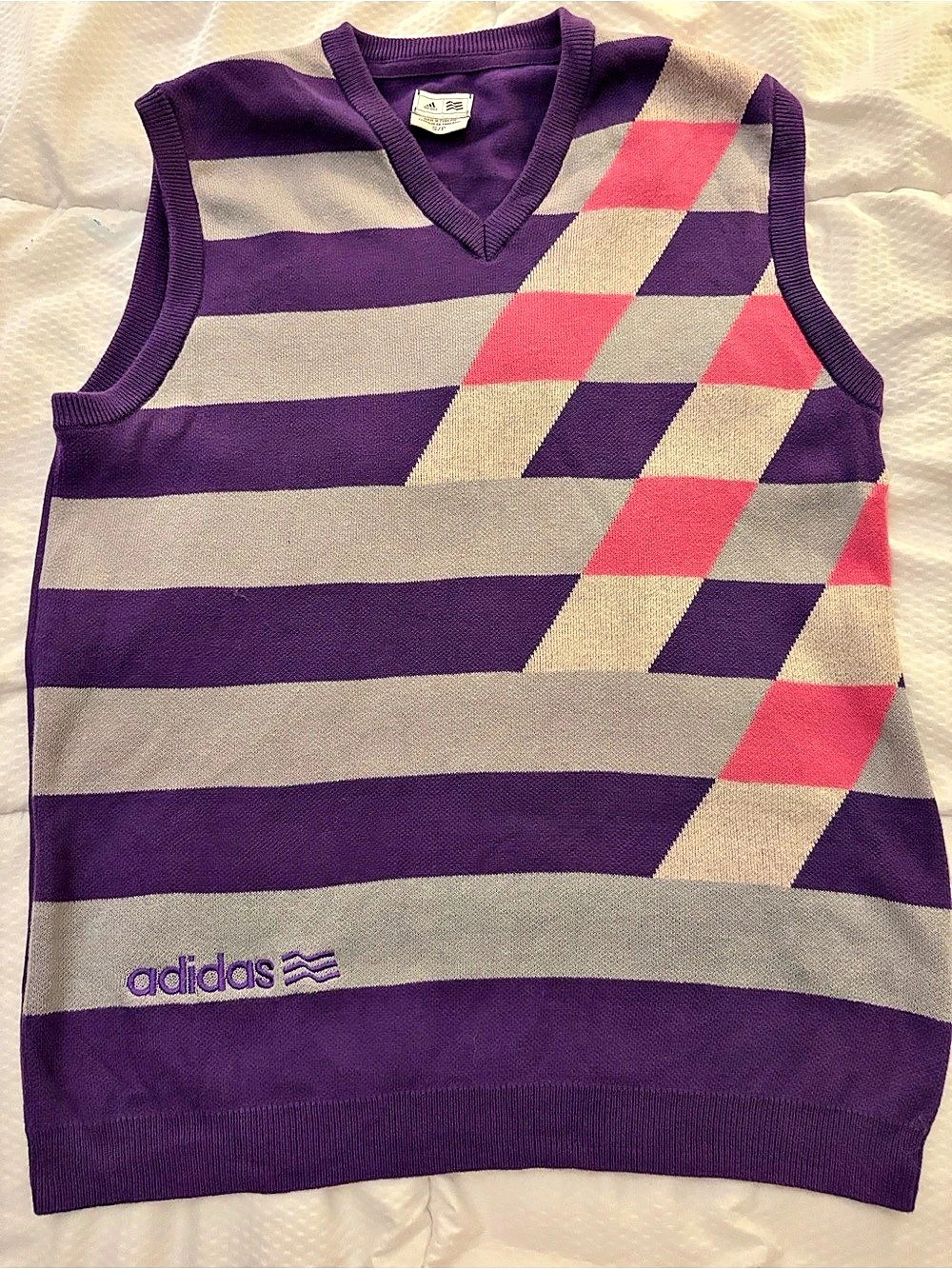 vintage mens / unisex adidas Geometric V-Neck Sweater Vest in Purple & Gray - S